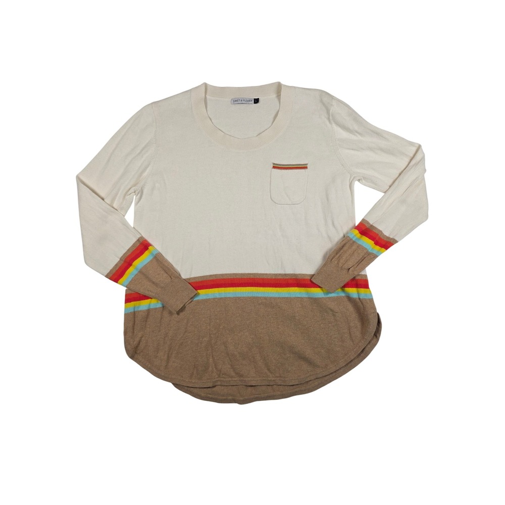 Zaket & Plover Rainbow Stripe Sweater Cotton Cashmere Colorblock Large Cream Tan